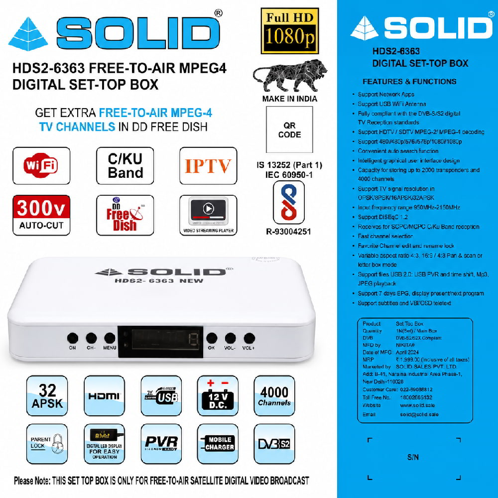 SOLID HDS2-6363 HD MPEG-4 DVB-S2 FTA Set Top Box for DD Free Dish
